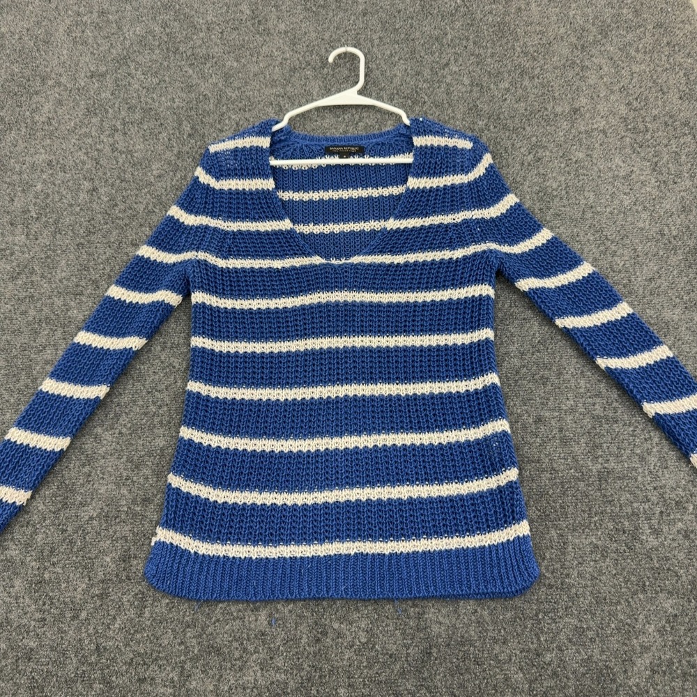 Banana Republic Sweater Womens S‎ Blue Linen Striped V-Neck Open Knit Coastal